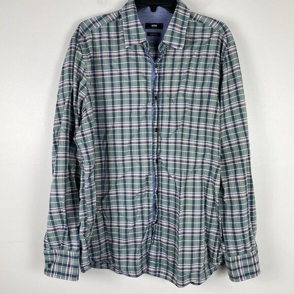 ⭐️ Hugo Boss Dress Shirt Regular Fit Plaid Button Up Mens Sz XL Work Casual - Picture 1 of 11
